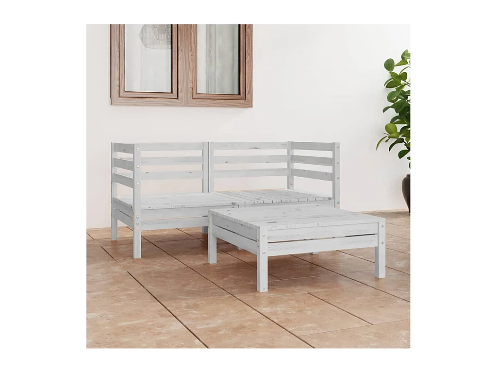 Salon de jardin 3 pcs blanc bois de pin massif