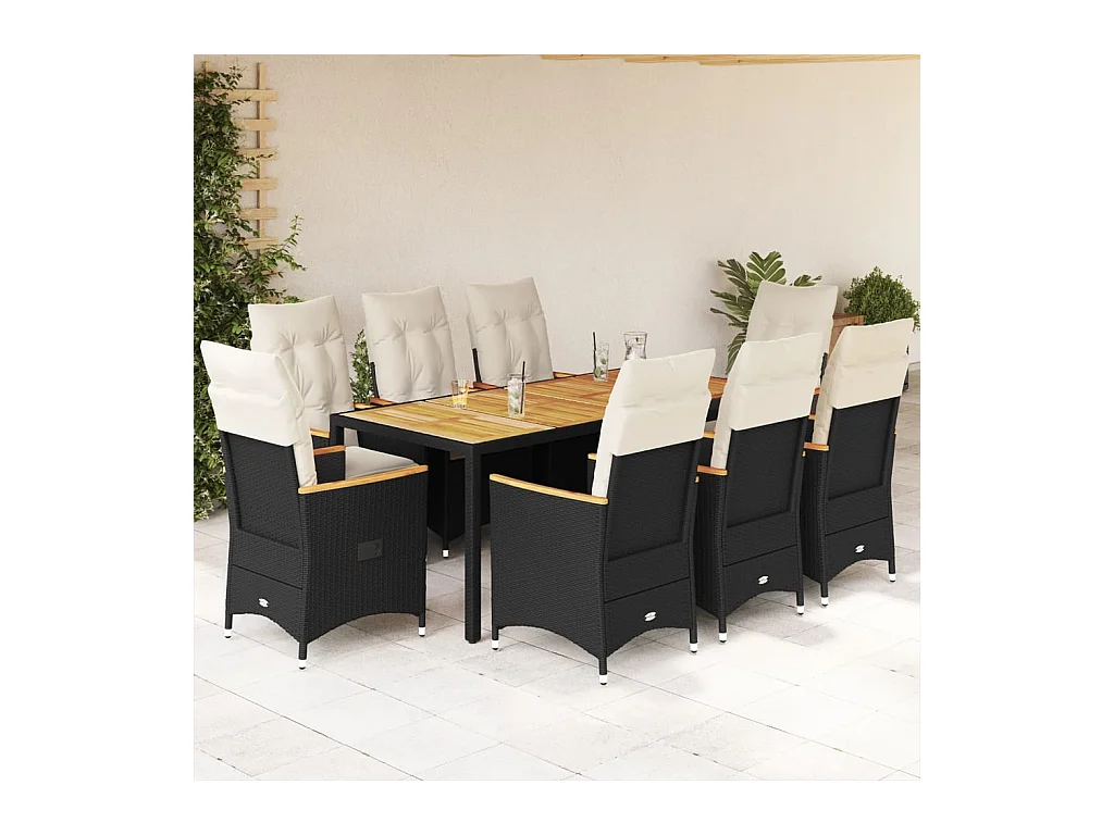 Ensemble à manger de jardin 9pcs coussins noir résine tressée