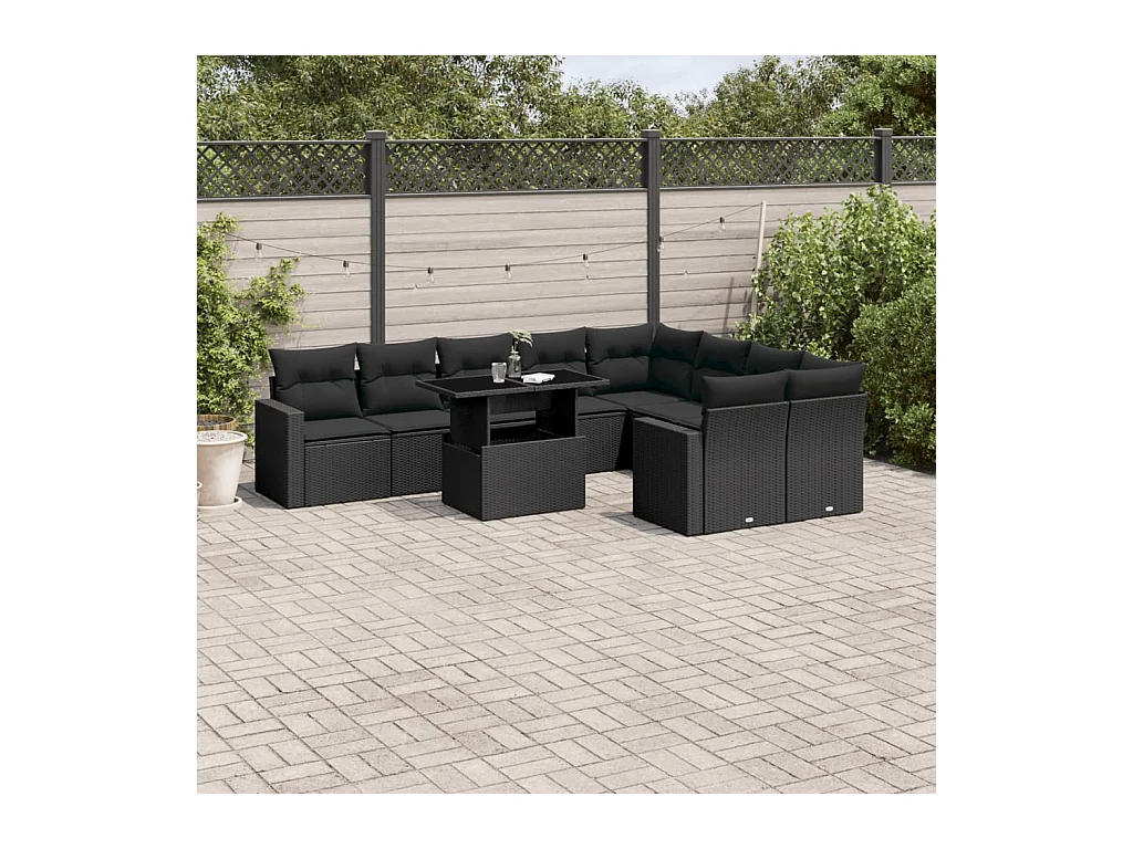 10-tlg. Garten-Sofagarnitur mit Kissen Schwarz Poly Rattan