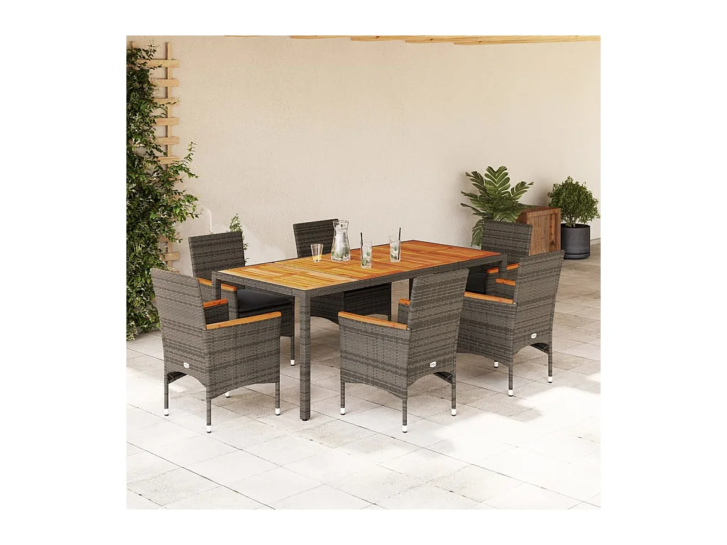 7-tlg. Garten-Essgruppe mit Kissen Grau Poly Rattan Akazie