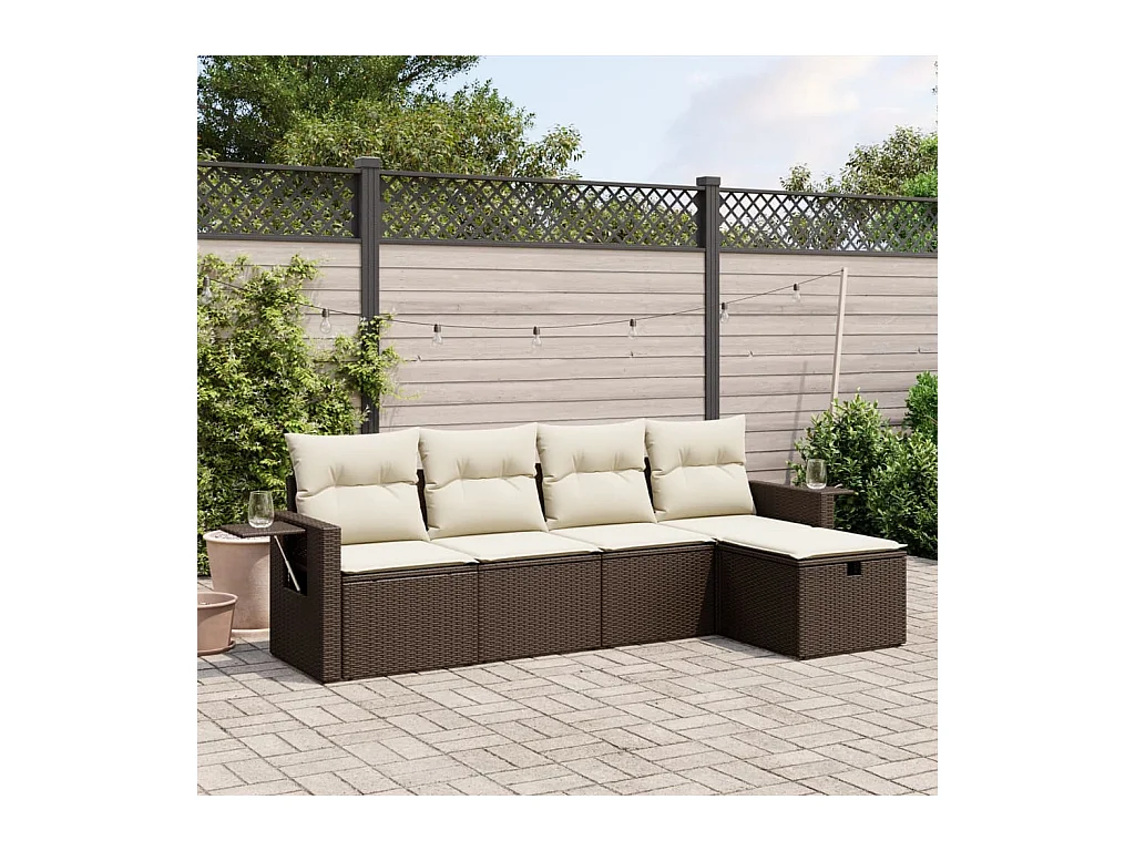 Salon de jardin avec coussins 5 pcs marron résine tressée