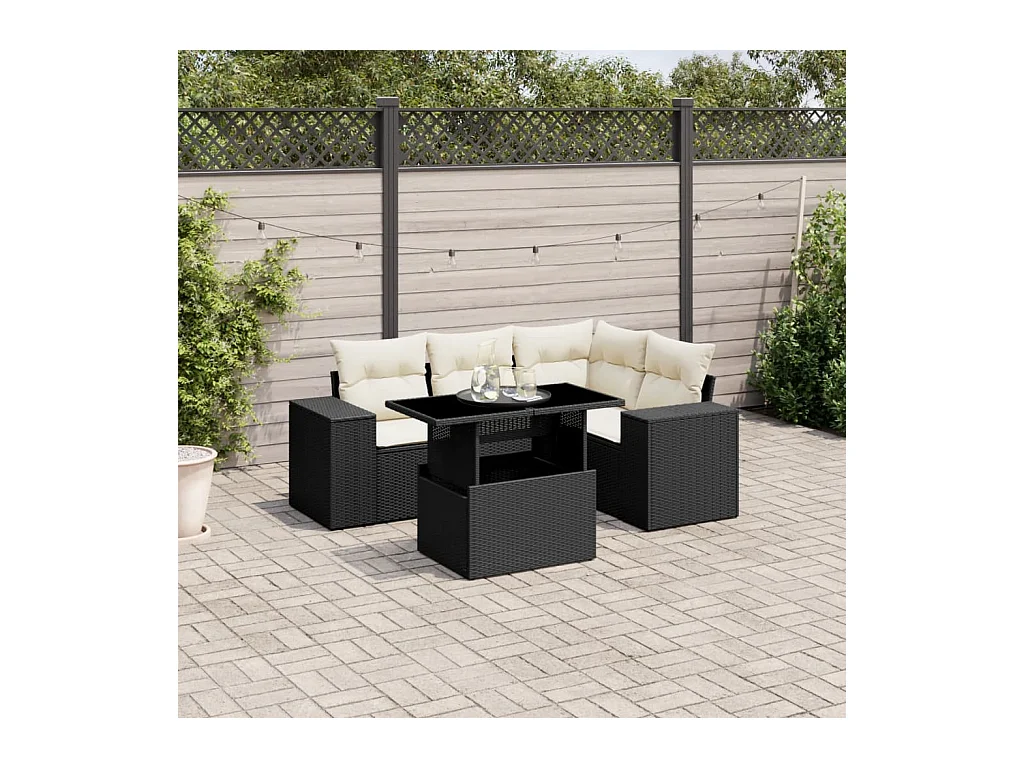 Salon de jardin 5 pcs avec coussins noir résine tressée