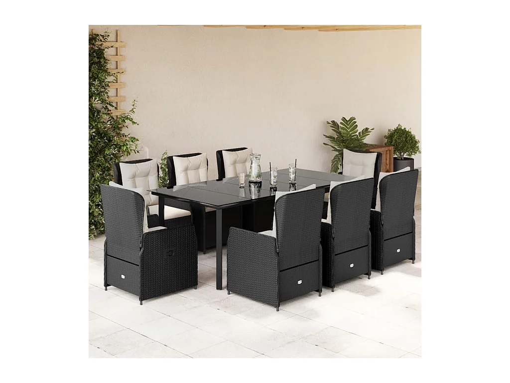 Ensemble à manger de jardin 9pcs coussins noir résine tressée