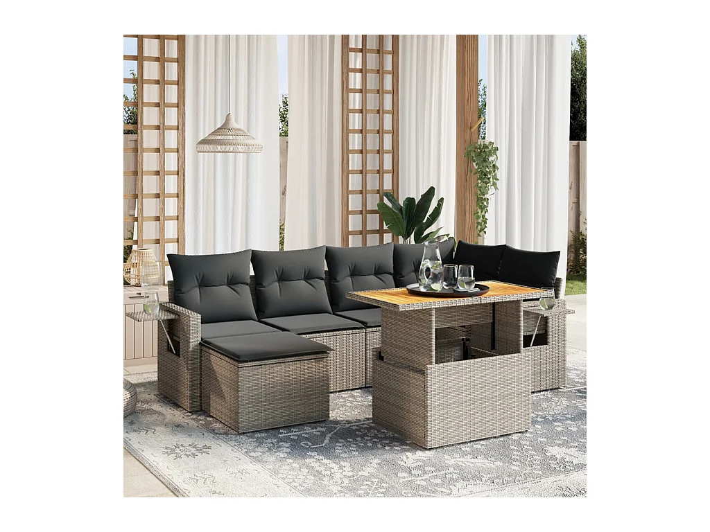 Salon de jardin avec coussins 7 pcs gris résine tressée