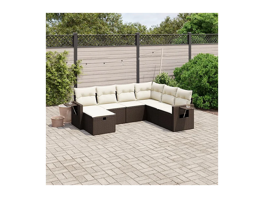 7-delige Loungeset met kussens poly rattan bruin