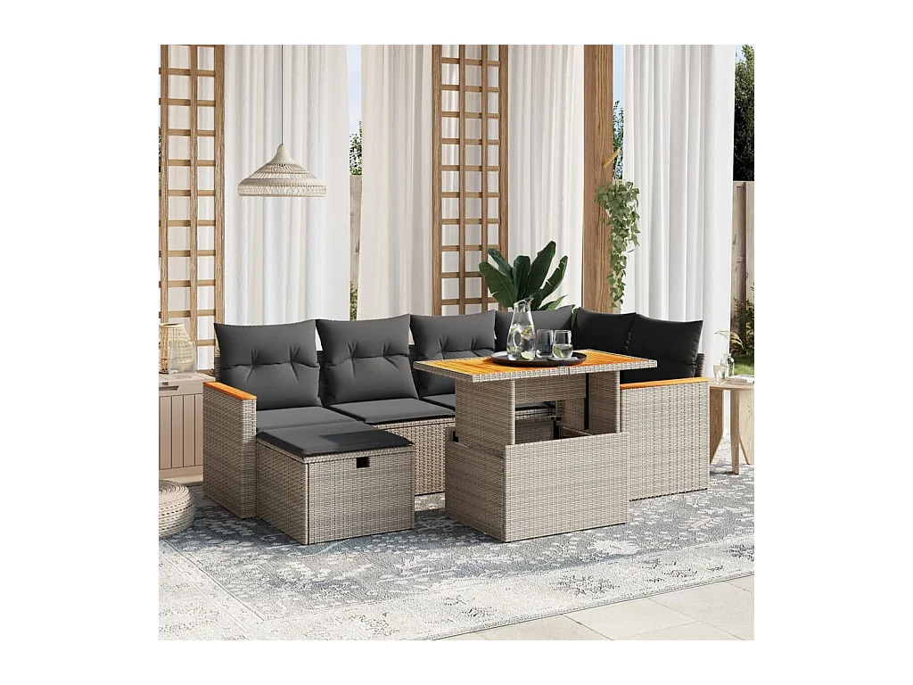 7-tlg. Garten-Sofagarnitur mit Kissen Grau Poly Rattan
