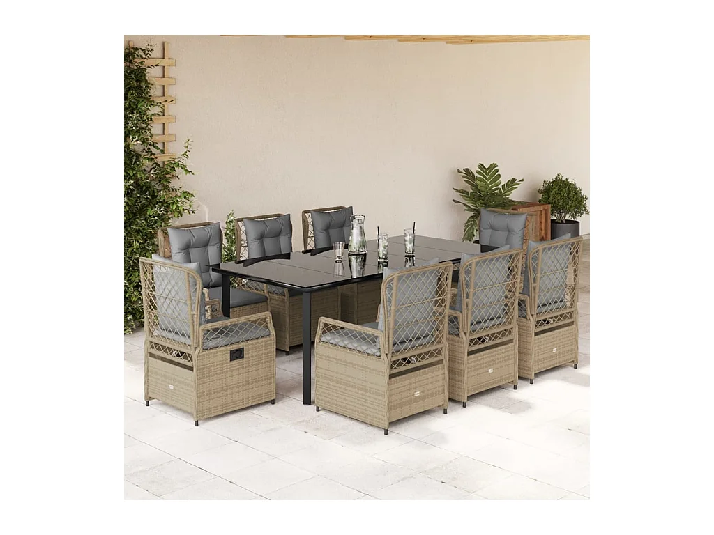 Ensemble à manger de jardin et coussins 9 pcs beige Poly rotin