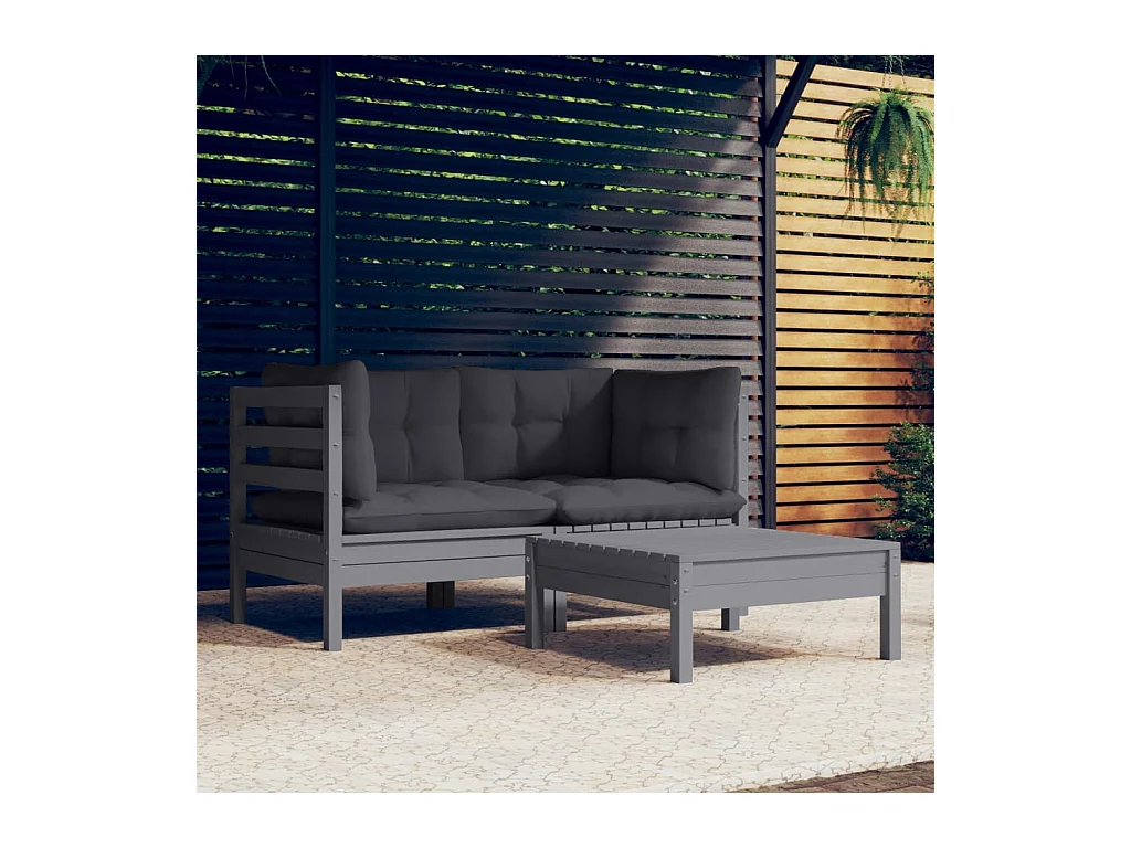Salon de jardin 3 pcs avec coussins anthracite bois de pin