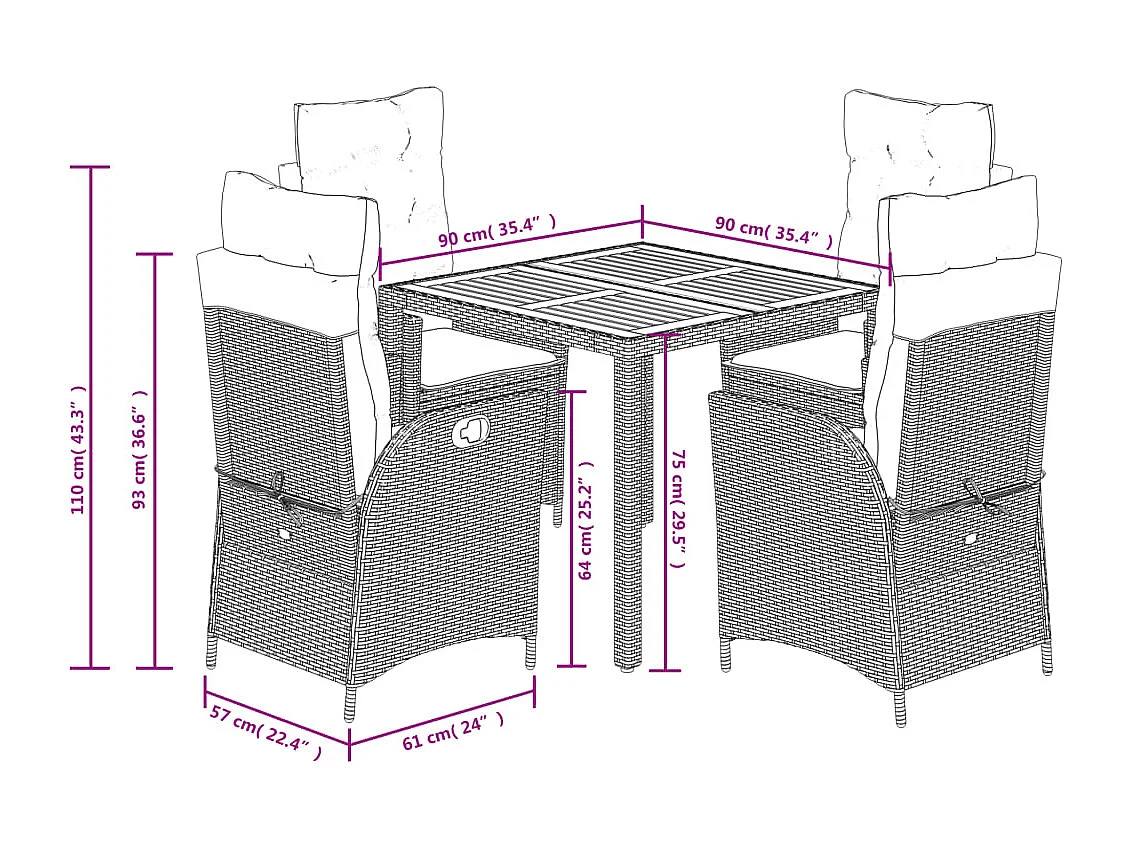 Set da Pranzo da Giardino 5 pz con Cuscini in Polyrattan Grigio