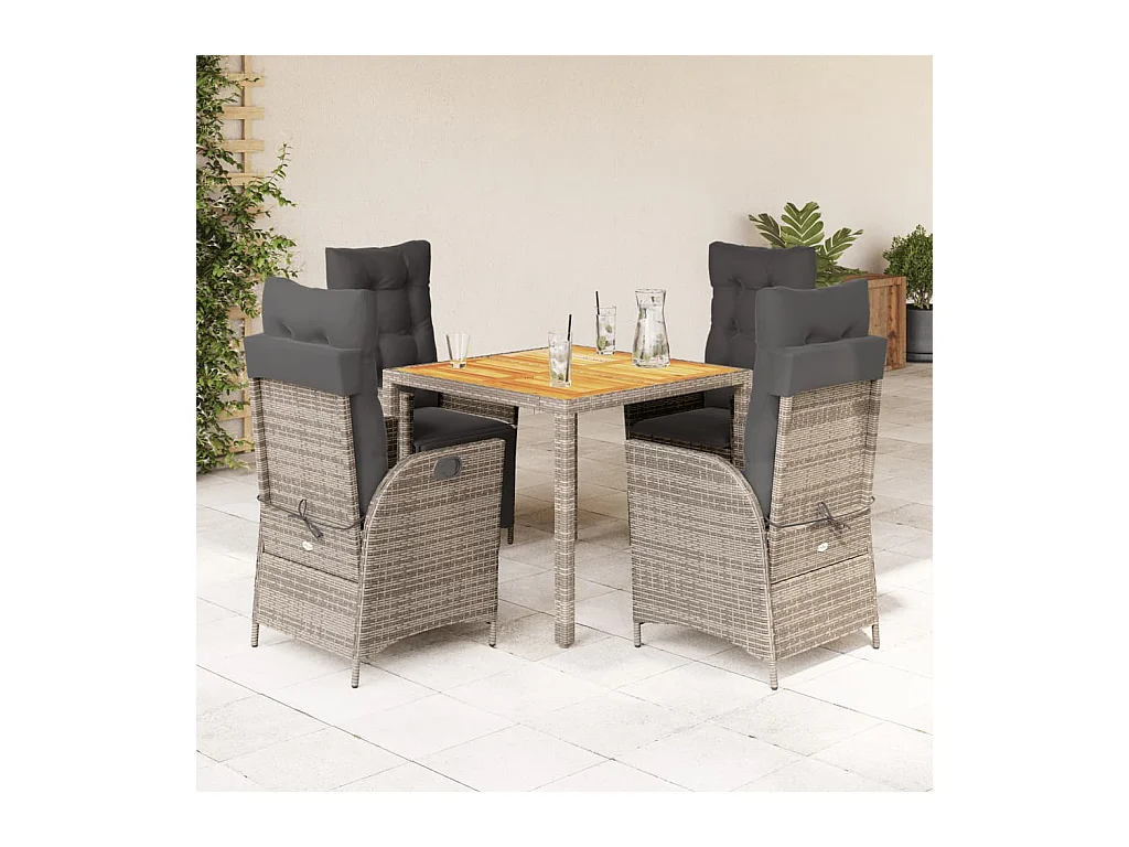 5-tlg. Garten-Essgruppe mit Kissen Grau Poly Rattan