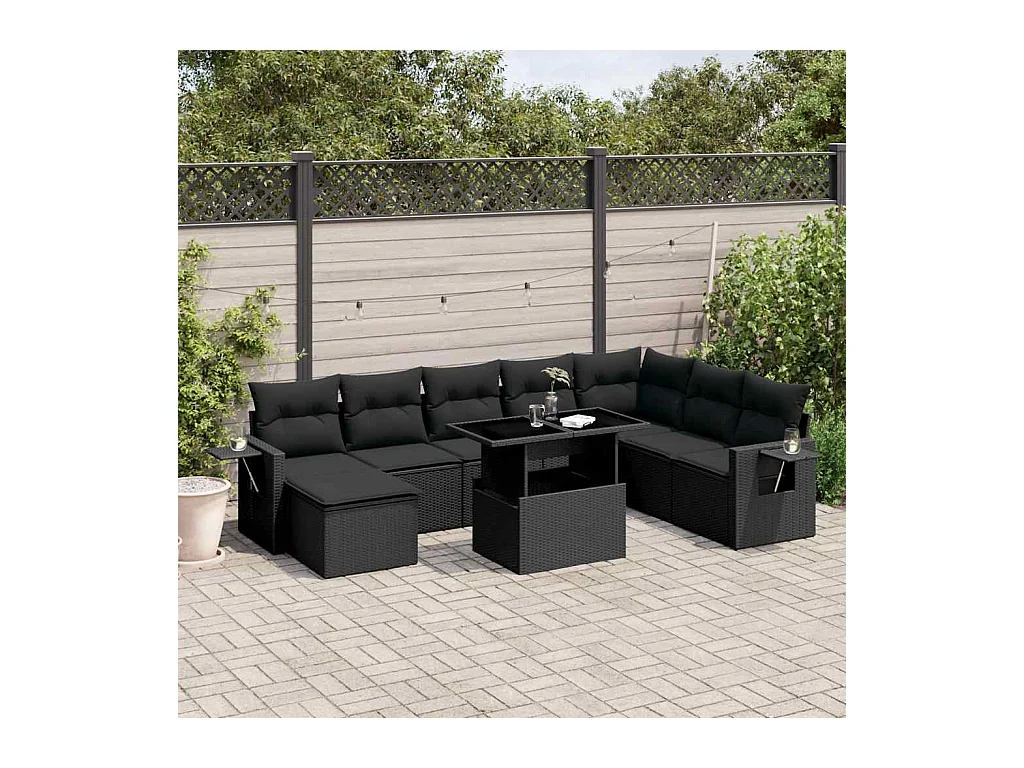 Salon de jardin 8 pcs avec coussins noir résine tressée