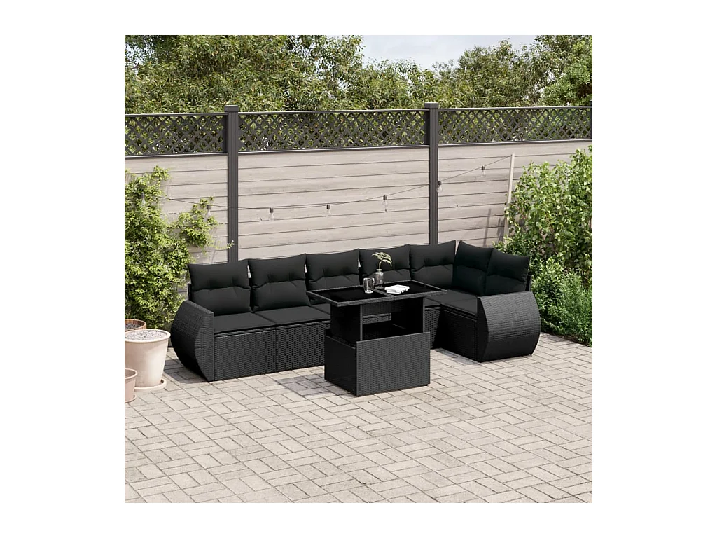Salon de jardin 7 pcs avec coussins noir résine tressée