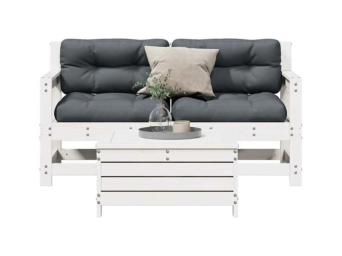 Salon de jardin 3 pcs avec coussins blanc bois de pin massif