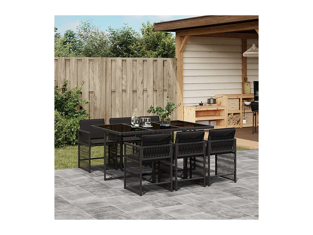 7-tlg. Garten-Essgruppe mit Kissen Schwarz Poly Rattan