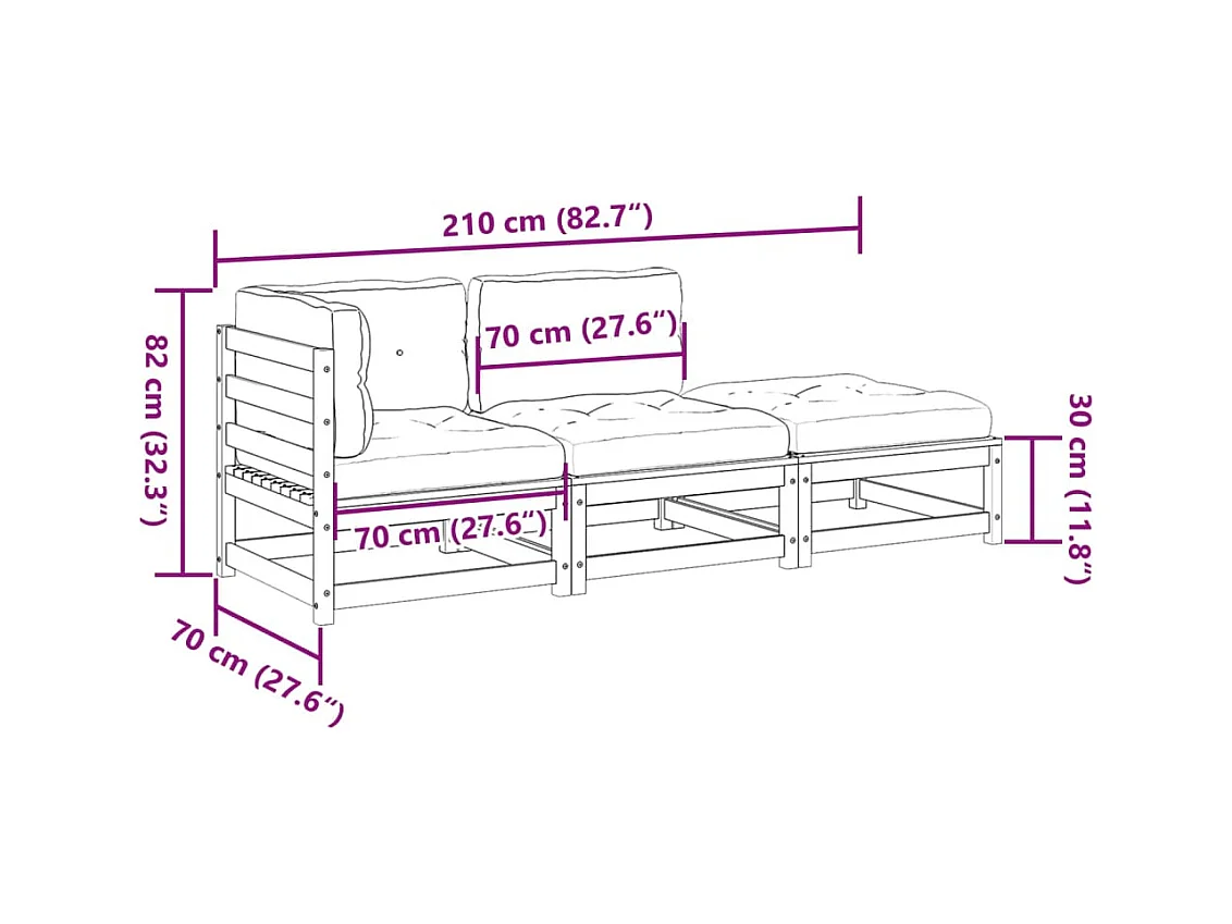 Set Divani Giardino 3 pz Cuscini Legno Massello Abete Douglas