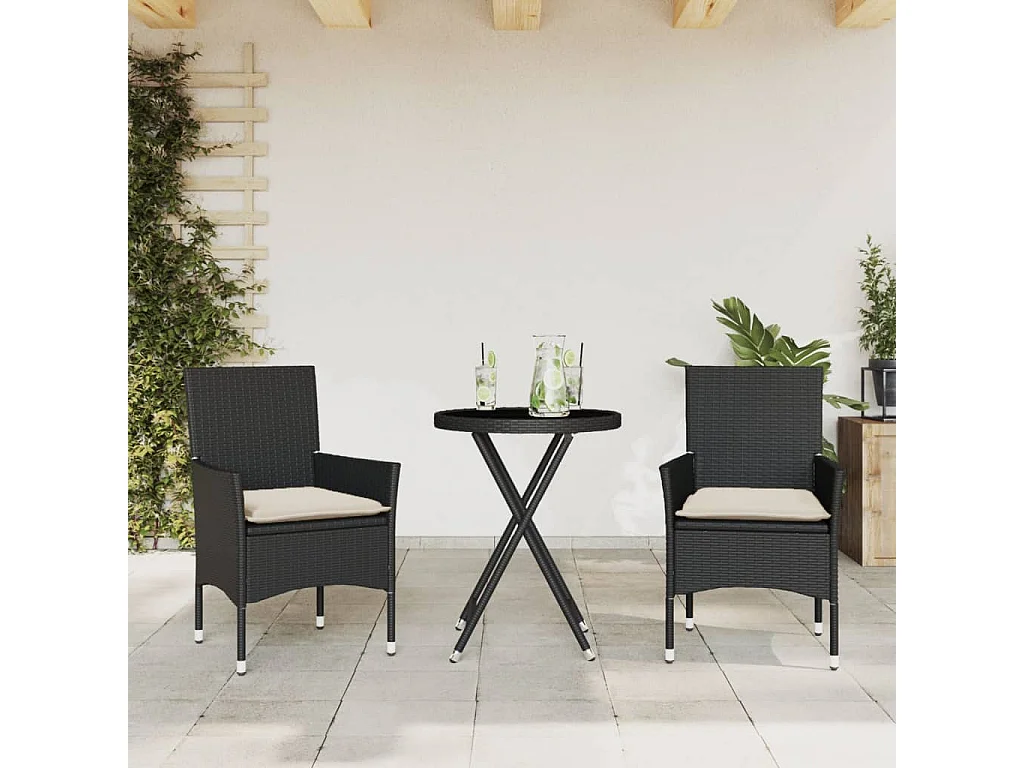 3-tlg. Bistro-Set mit Kissen Schwarz Poly Rattan und Glas