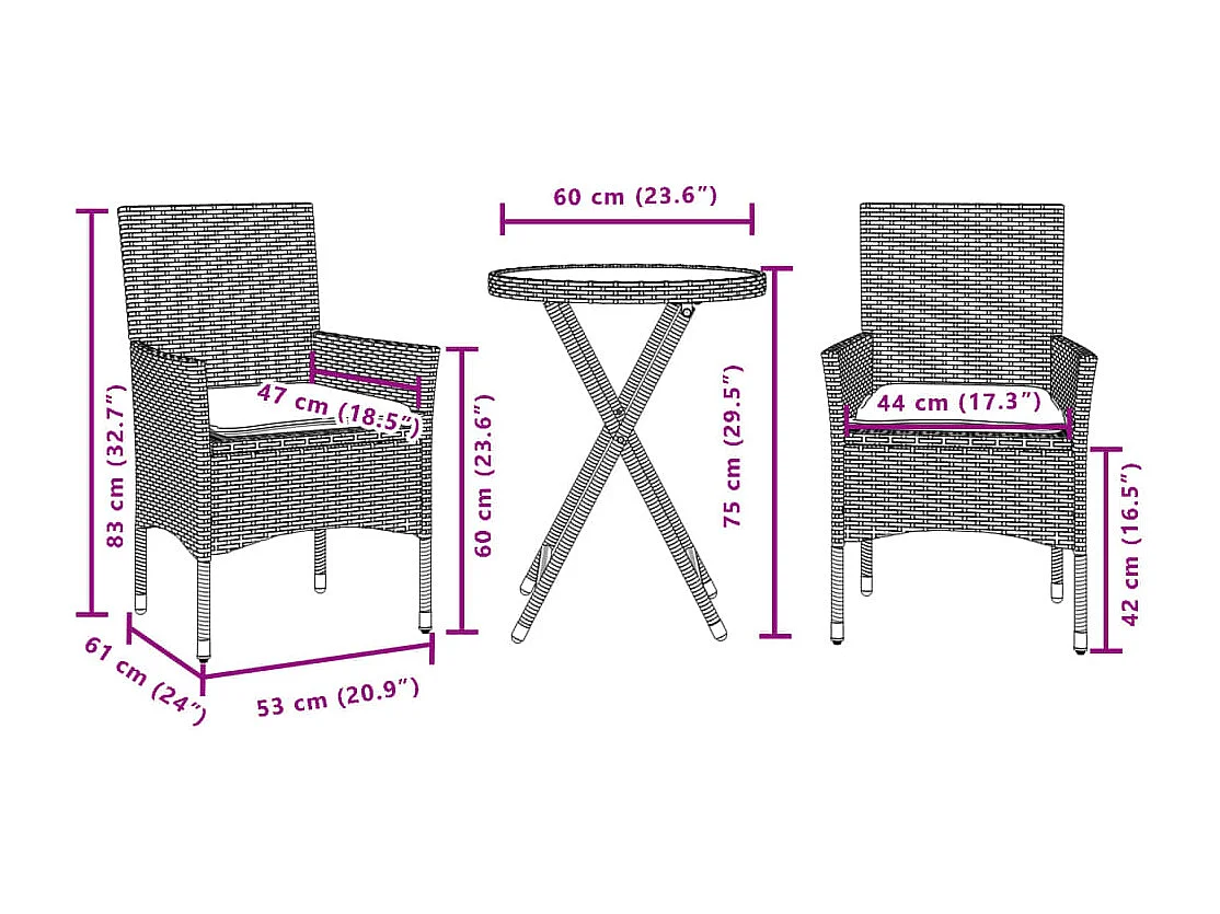 3-tlg. Bistro-Set mit Kissen Schwarz Poly Rattan und Glas