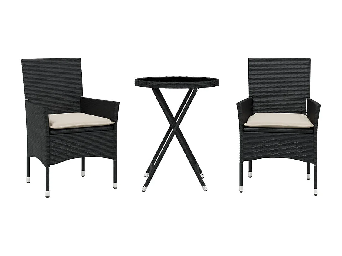 Ensemble de bistro avec coussins 3pcs noir résine tressée verre