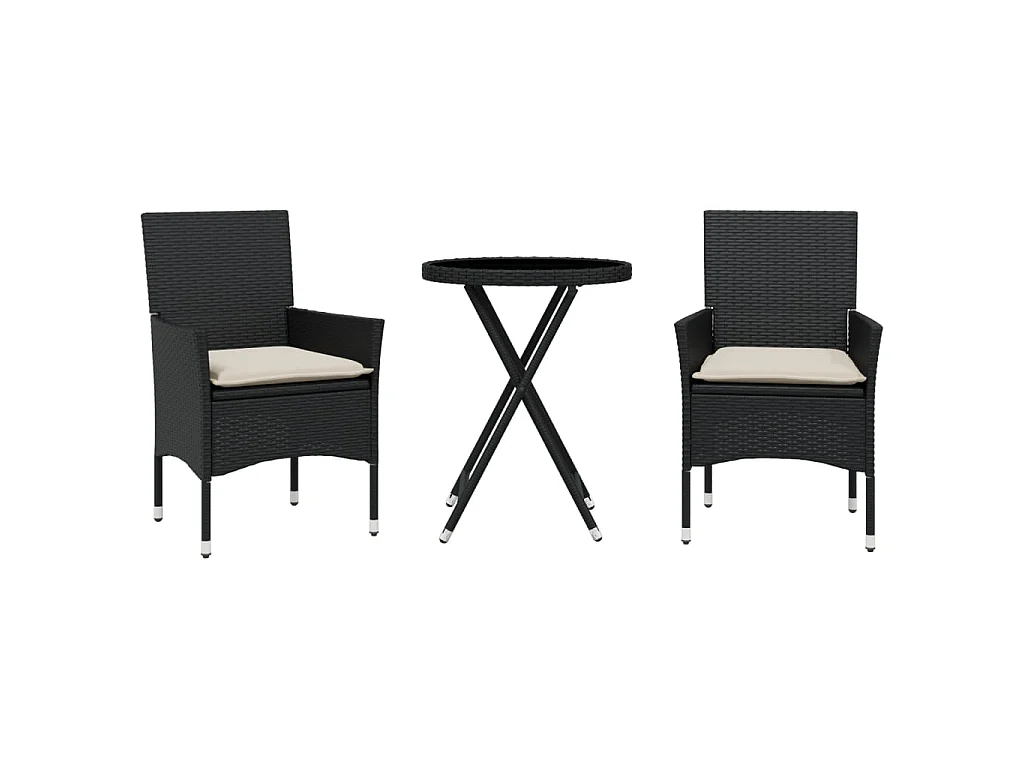 3-delige Bistroset met kussens poly rattan en glas zwart