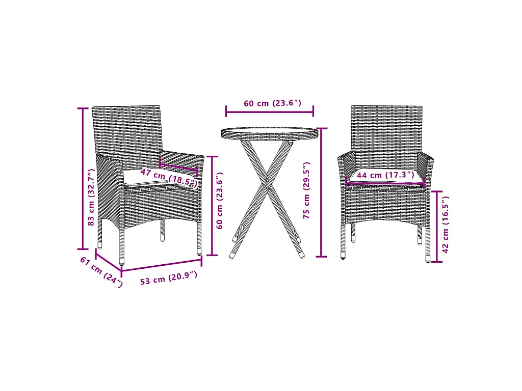 3-delige Bistroset met kussens poly rattan en glas zwart