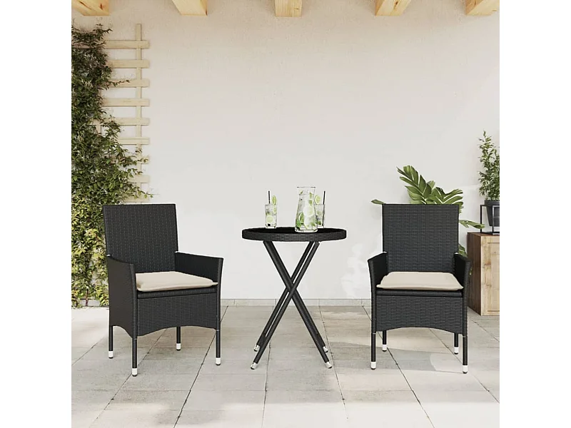 Ensemble de bistro avec coussins 3pcs noir résine tressée verre