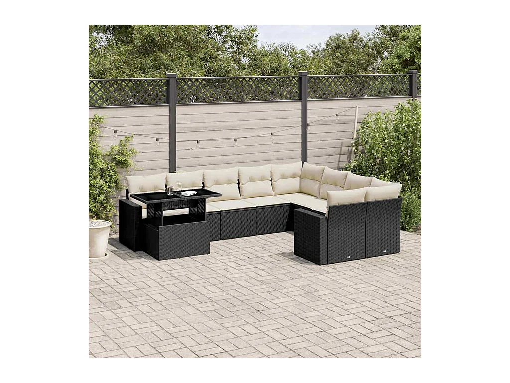 Set Divani da Giardino 10pz con Cuscini in Polyrattan Nero