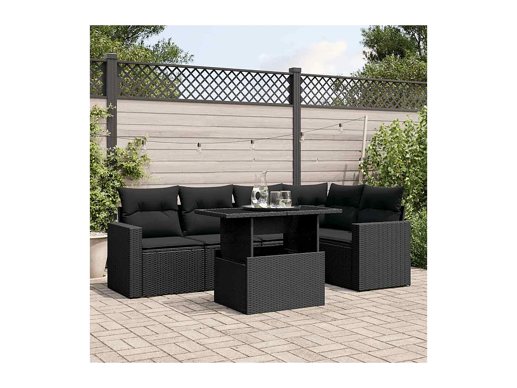 6-tlg. Garten-Sofagarnitur mit Kissen Schwarz Poly Rattan