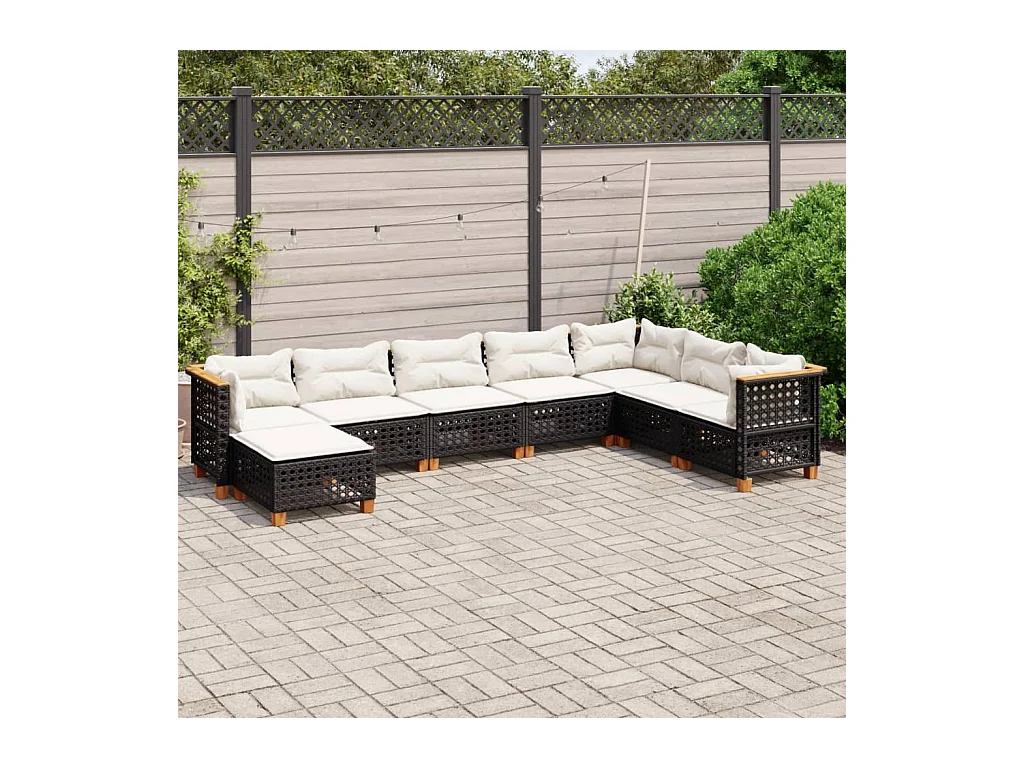 8-delige Loungeset met kussens poly rattan zwart