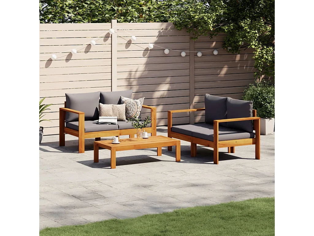 Salon de jardin avec coussins 3 pcs bois massif d'acacia