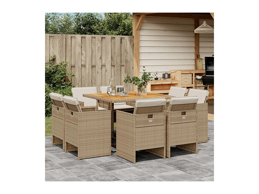 Ensemble à manger de jardin et coussins 9 pcs beige Poly rotin