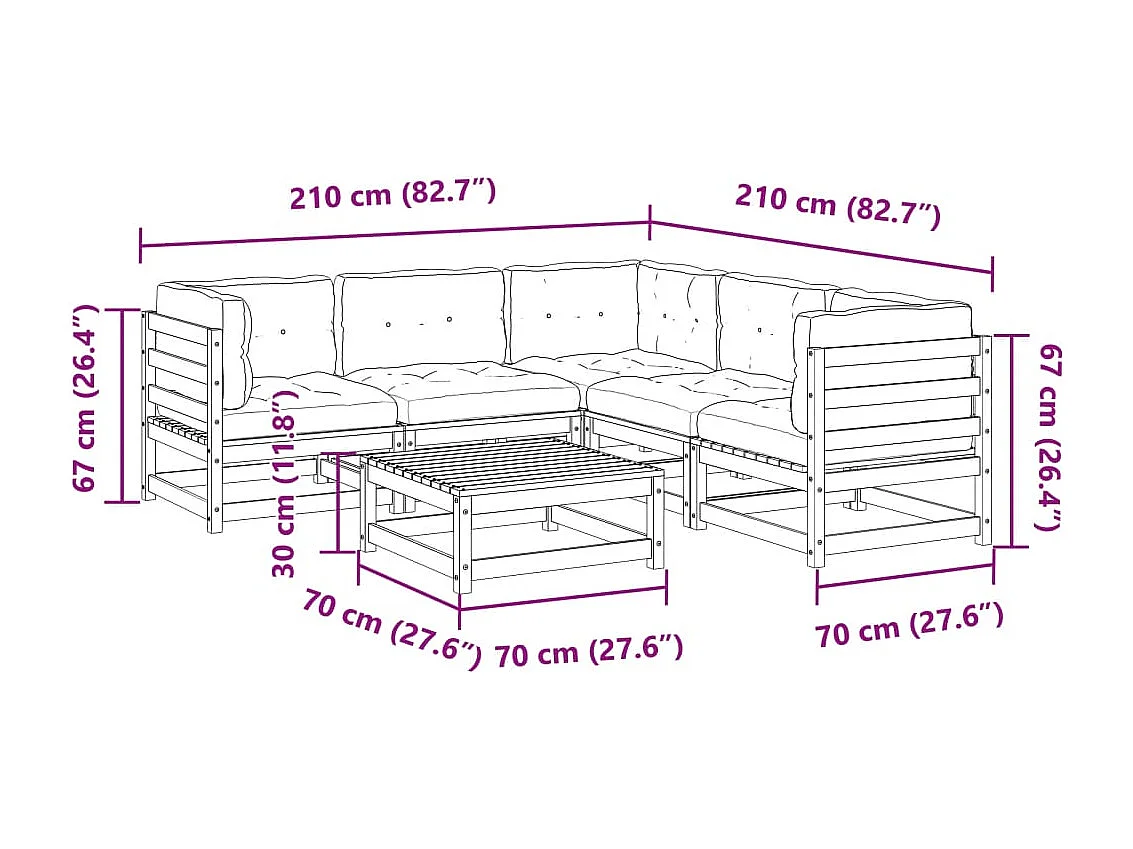 Salon de jardin 6 pcs et coussins bois massif sapin de douglas