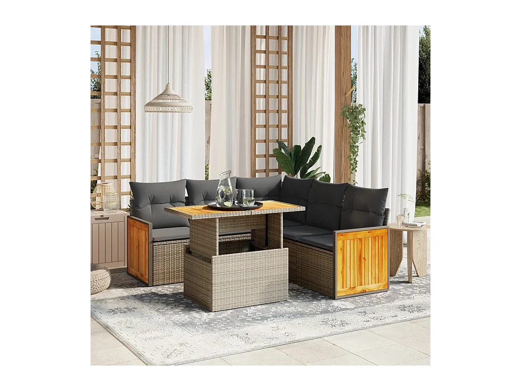 6 pcs conjunto de sofás p/ jardim com almofadões vime PE bege