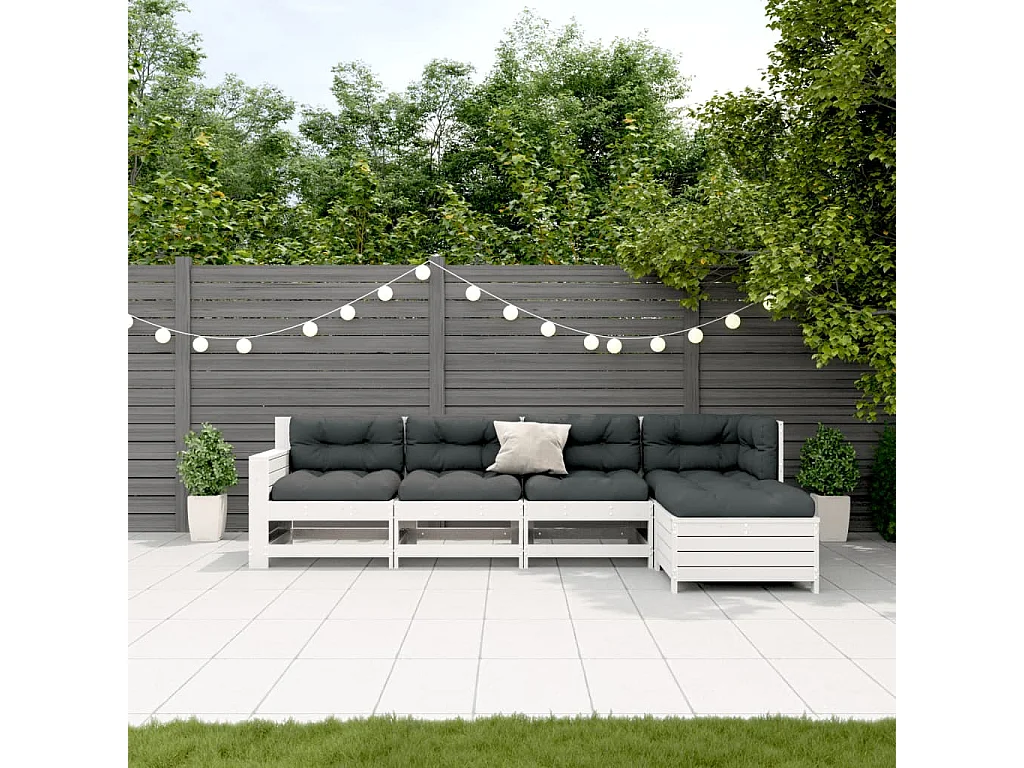 Set Salotto Giardino 5pz con Cuscini Bianco Legno Massello Pino
