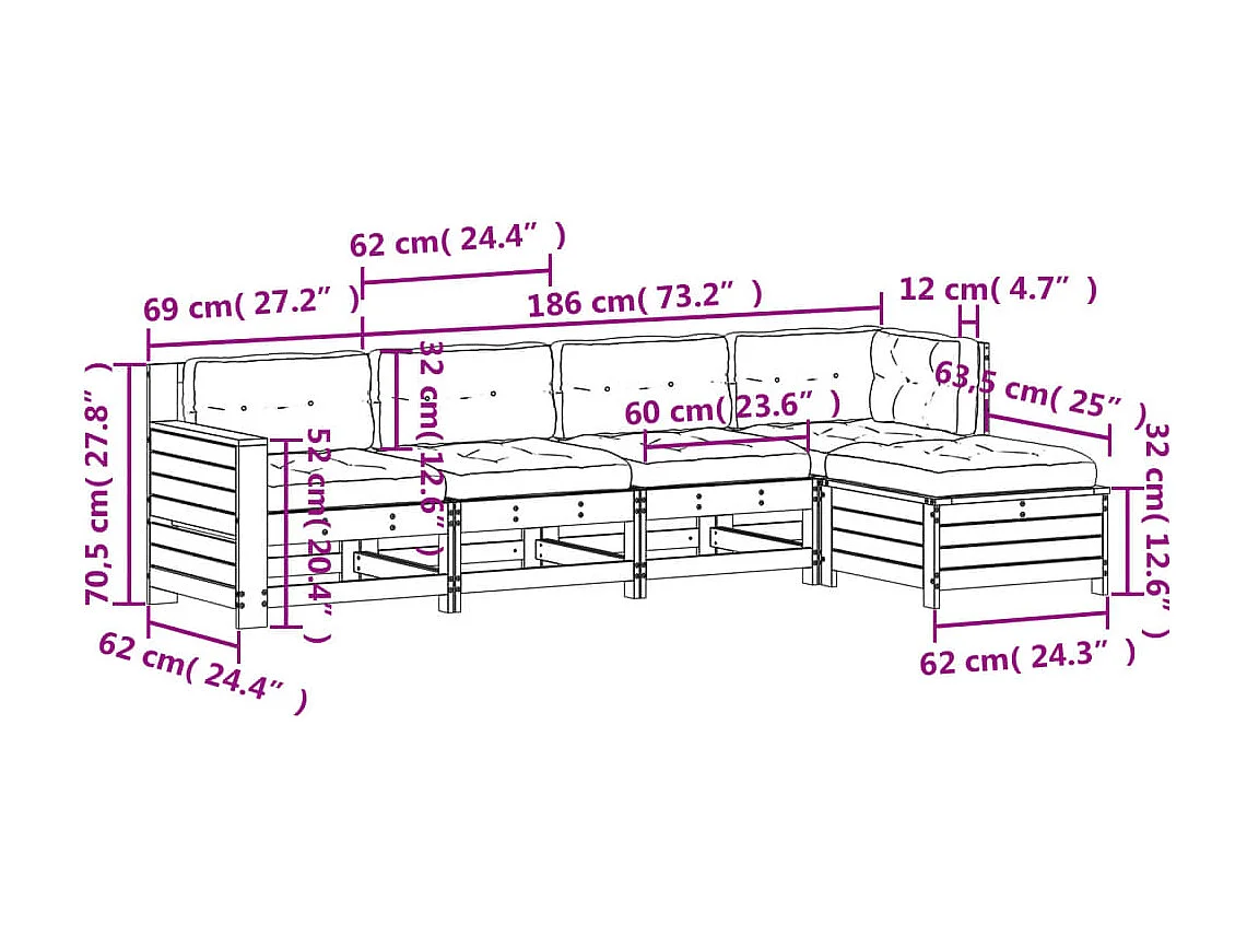 Set Salotto Giardino 5pz con Cuscini Bianco Legno Massello Pino