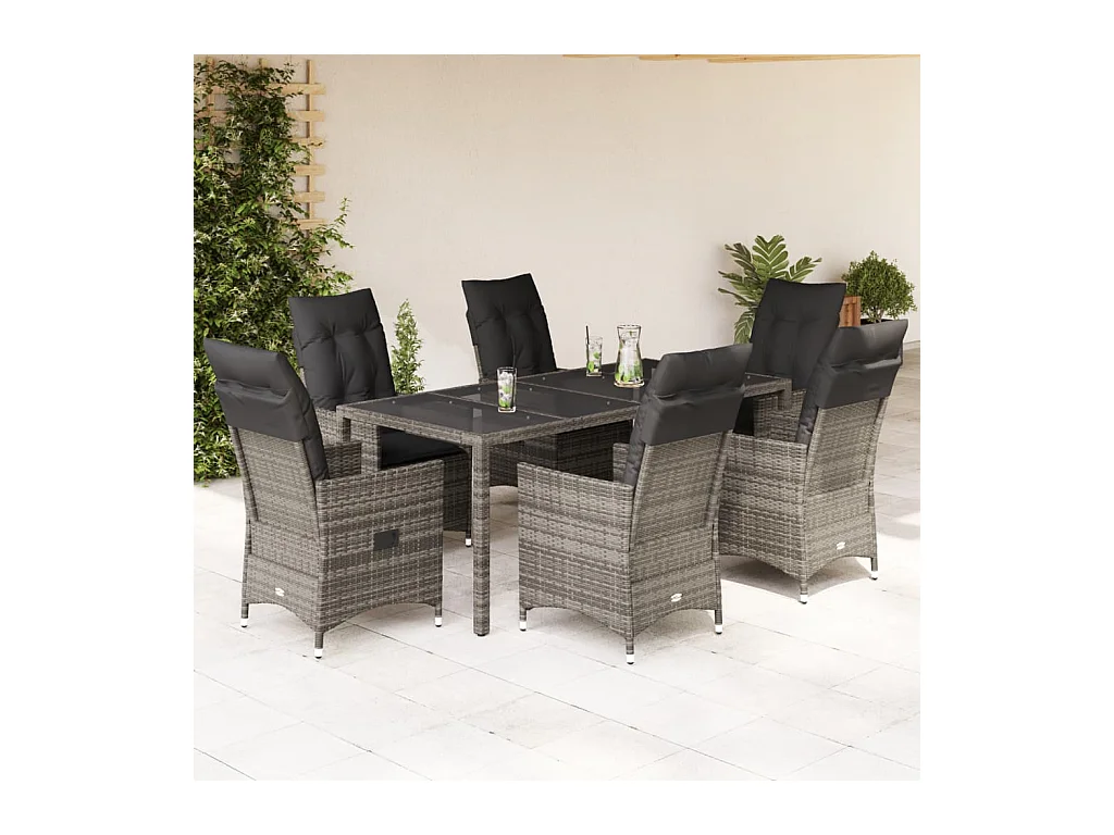 7-tlg. Garten-Essgruppe mit Kissen Grau Poly Rattan