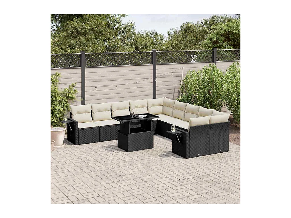 11-tlg. Garten-Sofagarnitur mit Kissen Schwarz Poly Rattan