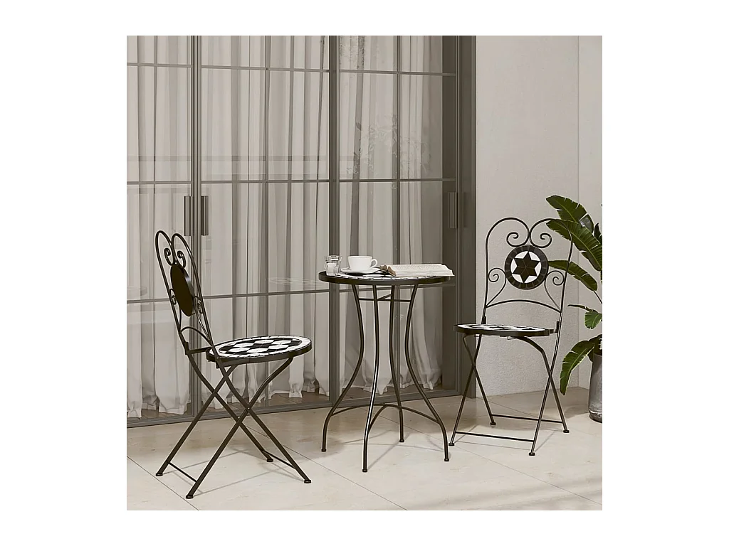Set da Bistrot con Mosaico Nero e Bianco in Ferro e Ceramica