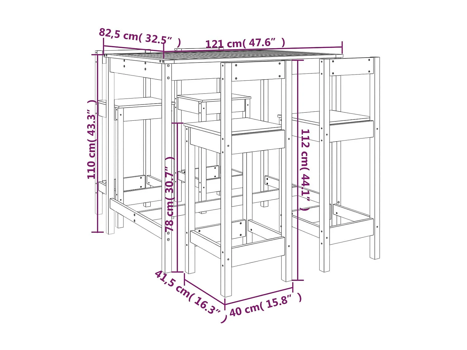 Ensemble de bar de jardin 5 pcs blanc bois massif de pin