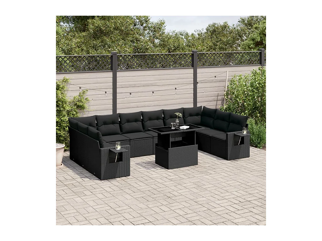 Salon de jardin 11 pcs avec coussins noir résine tressée