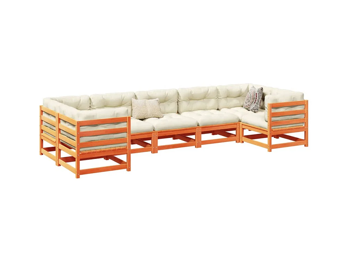 Salon de jardin 7 pcs avec coussins cire marron bois pin massif
