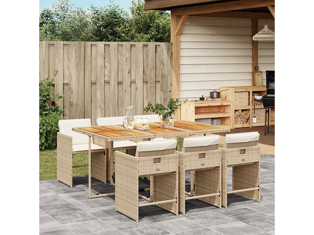 Ensemble à manger de jardin et coussins 7 pcs beige poly rotin
