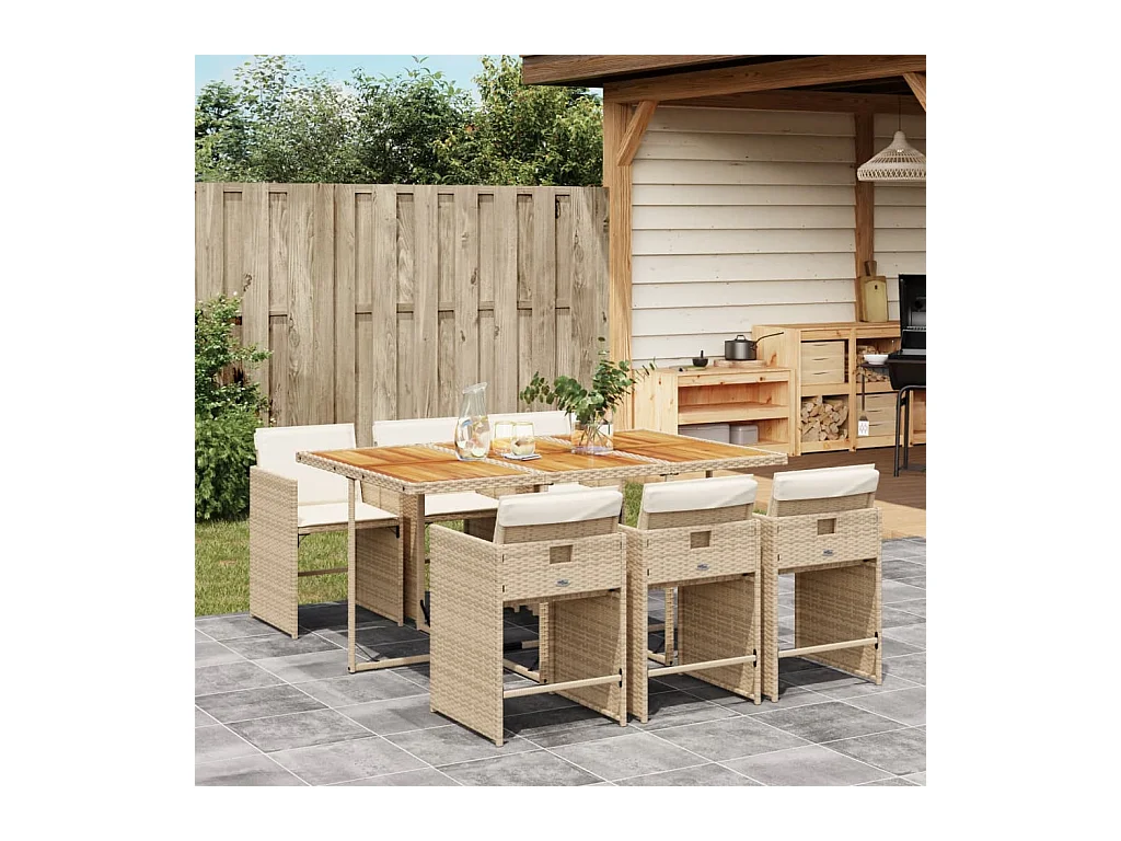 Ensemble à manger de jardin et coussins 7 pcs beige poly rotin