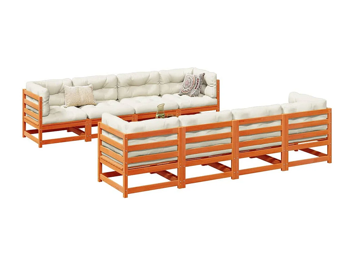 Set Divani da Giardino 9 pz Marrone Cera Legno Massello Pino