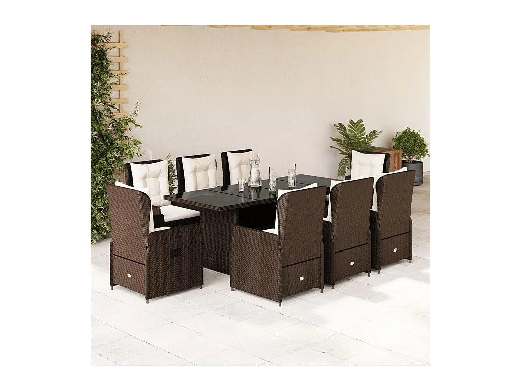 Set da Pranzo da Giardino 9pz con Cuscini Marrone in Polyrattan