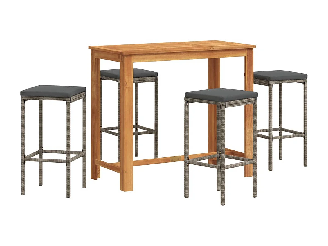 5-tlg. Gartenbar-Set Grau Massivholz Akazie und Poly Rattan