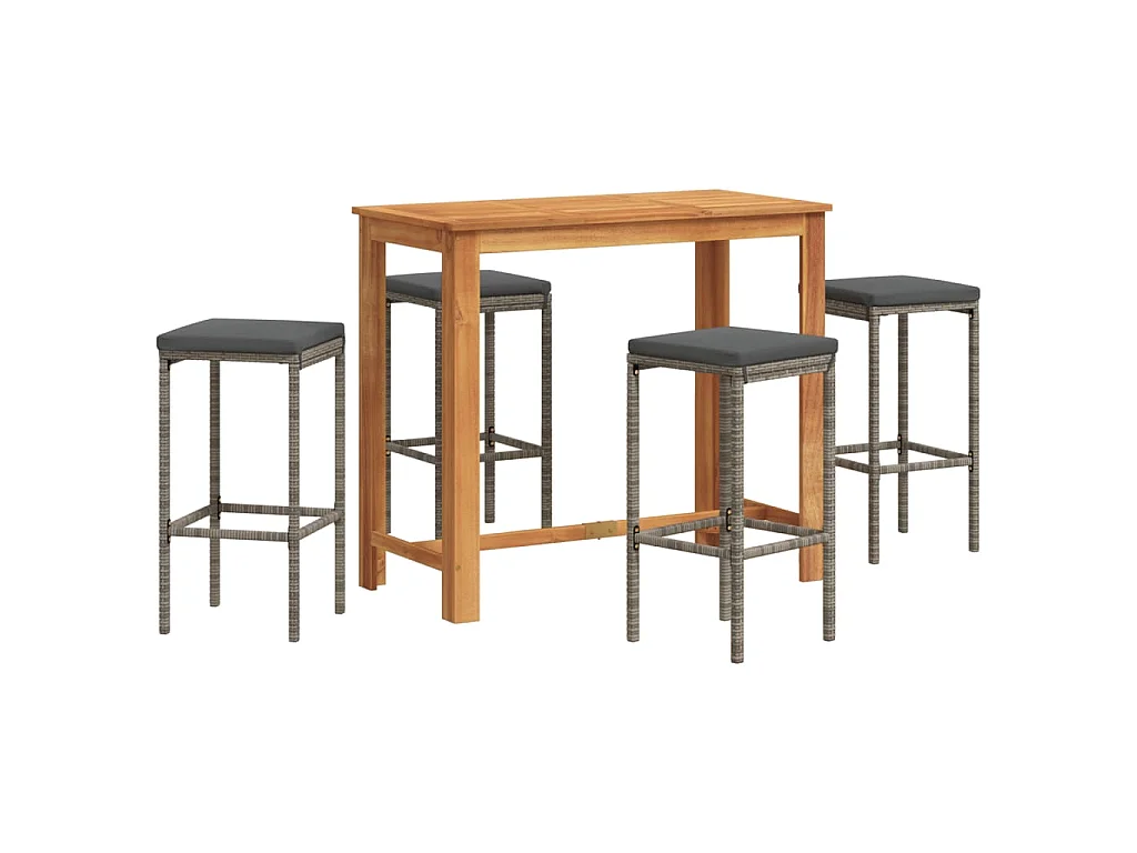 5-tlg. Gartenbar-Set Grau Massivholz Akazie und Poly Rattan