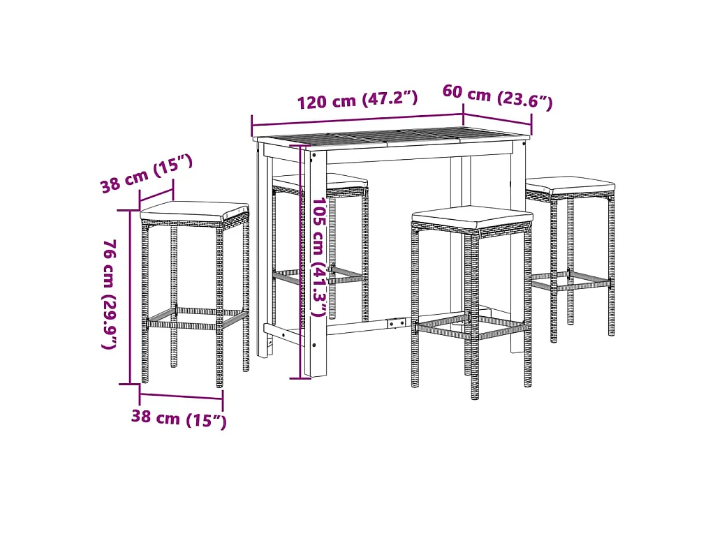 5-tlg. Gartenbar-Set Grau Massivholz Akazie und Poly Rattan