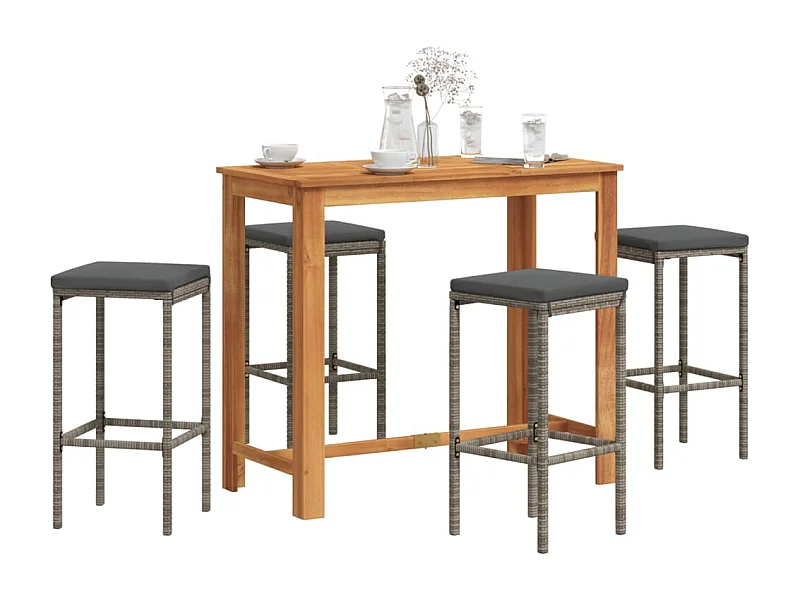 5-tlg. Gartenbar-Set Grau Massivholz Akazie und Poly Rattan
