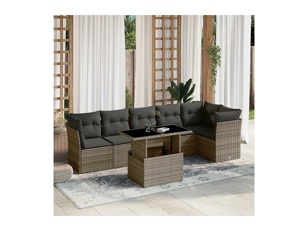 Set Divani da Giardino 7 pz con Cuscini Grigio in Polyrattan
