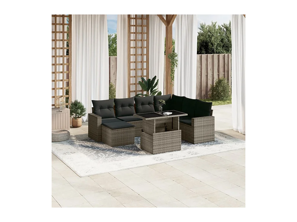 8 pcs conjunto sofás de jardim c/ almofadões vime PE cinzento
